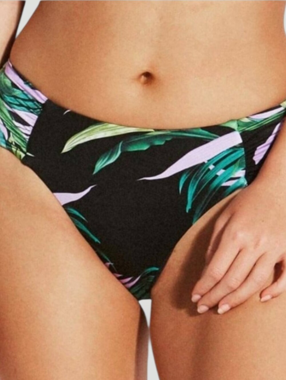 Seafolly Bikini Bottom Sz 8‎ Black Tropical Palm Leaf Print Ruched Resort New